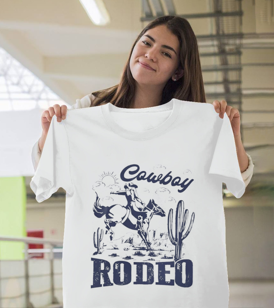 Rodeo Cowboy Horse Riding In Desert Scenery T-Shirt
