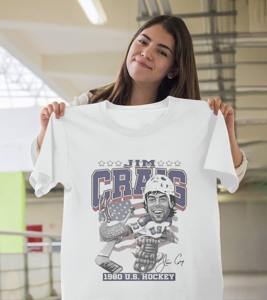 Jim Craig USA Team Hockey 1980 American Flag Helmet T-Shirt