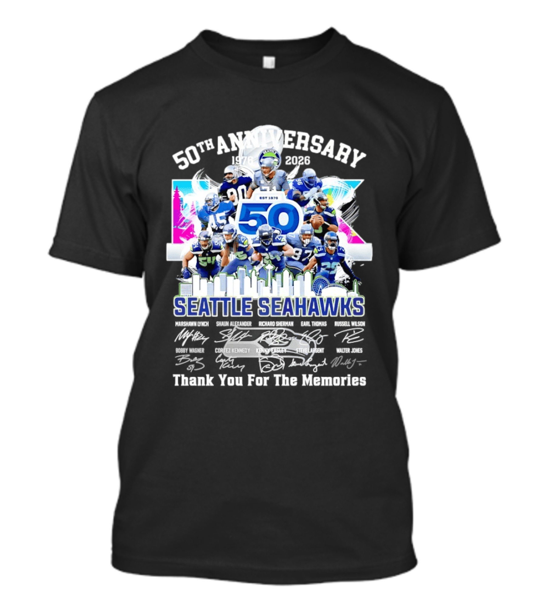 Seattle Seahawks 50th Anniversary Est 1976 Players City Skyline T-Shirt