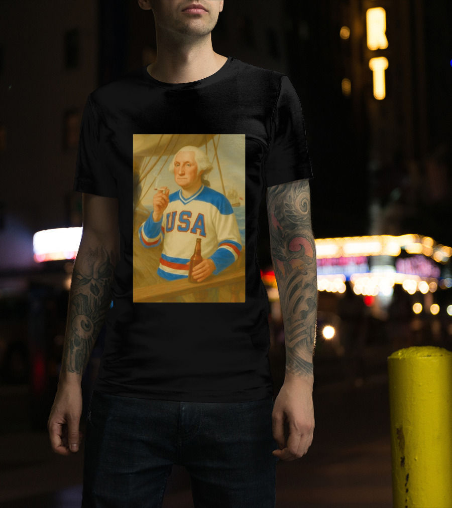 USA Hockey Jersey Wearing George Washington Smoking Holding Beer T-Shirt
