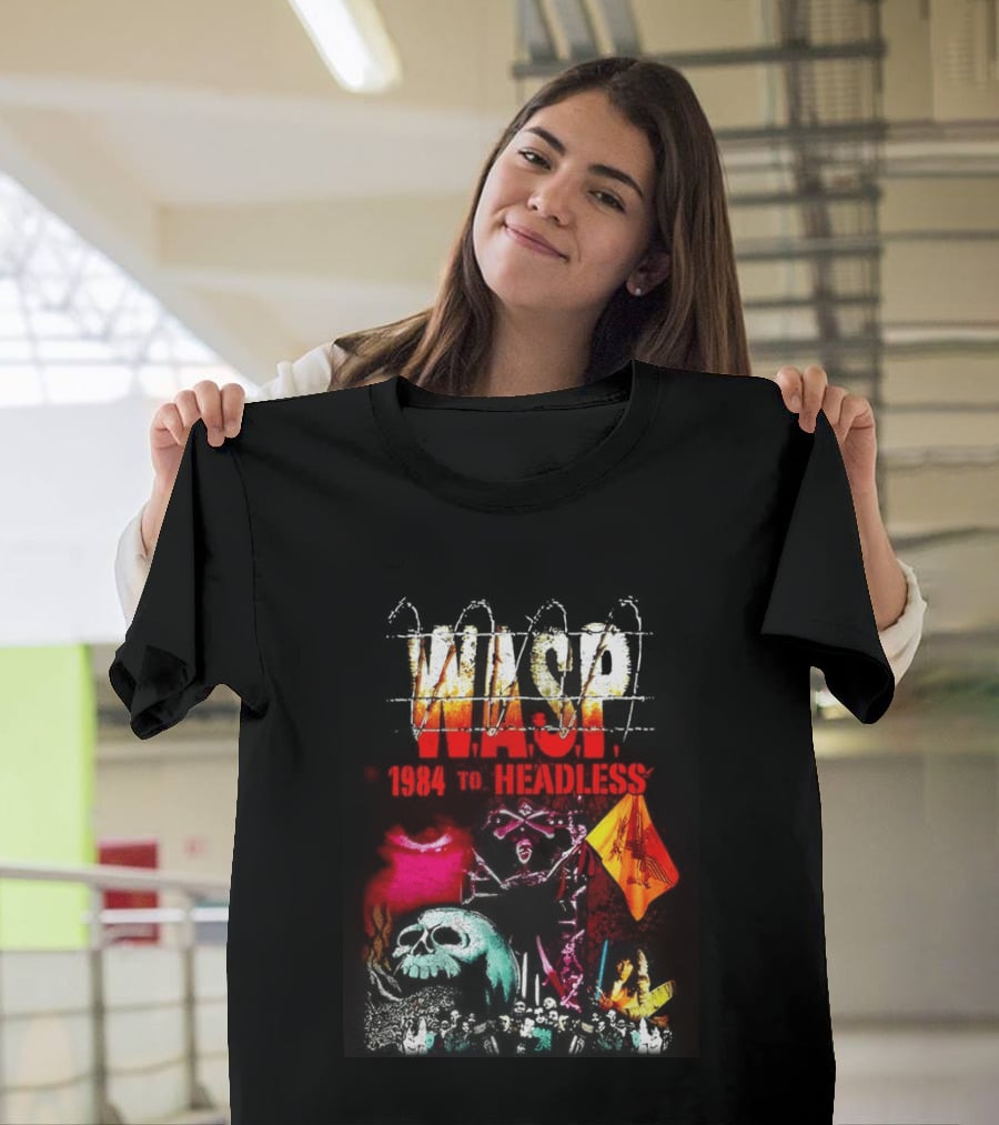 Wasp 1984 To Headless Flaming Logo Skull Crossbones Neon Skeletons T-Shirt