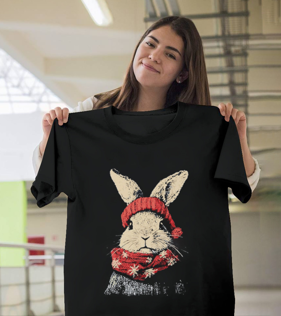 Bunny Rabbit In Red Knit Hat With Snowflake Scarf Winter T-Shirt