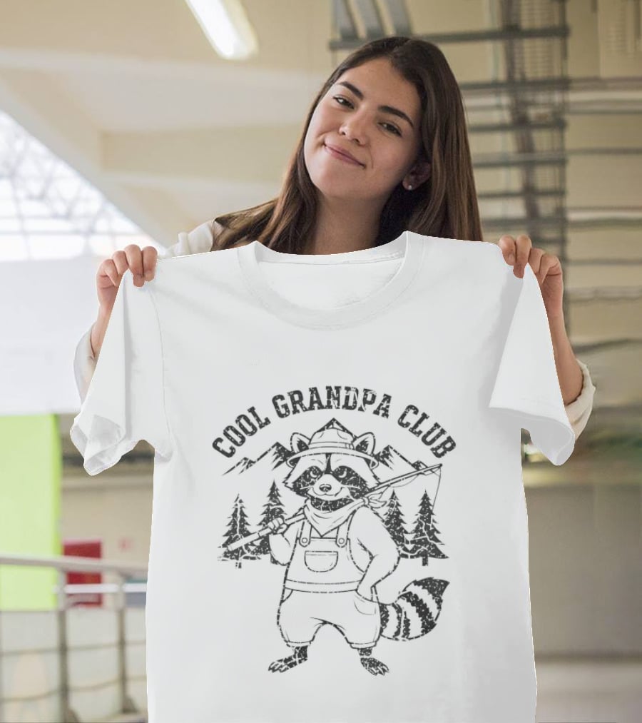 Cool Grandpa Club Raccoon With Fishing Rod And Mountain Trees T-Shirt