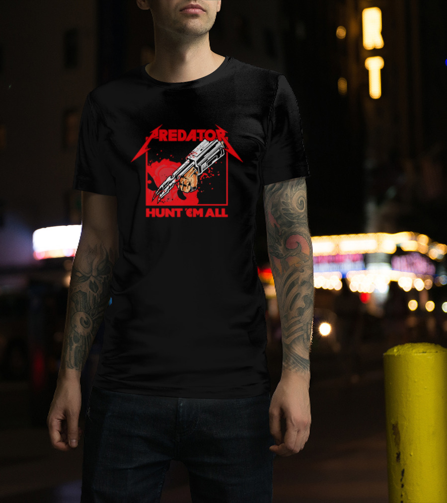 Hunt 'Em All With Iconic Predato Red Text And Weaponry T-Shirt
