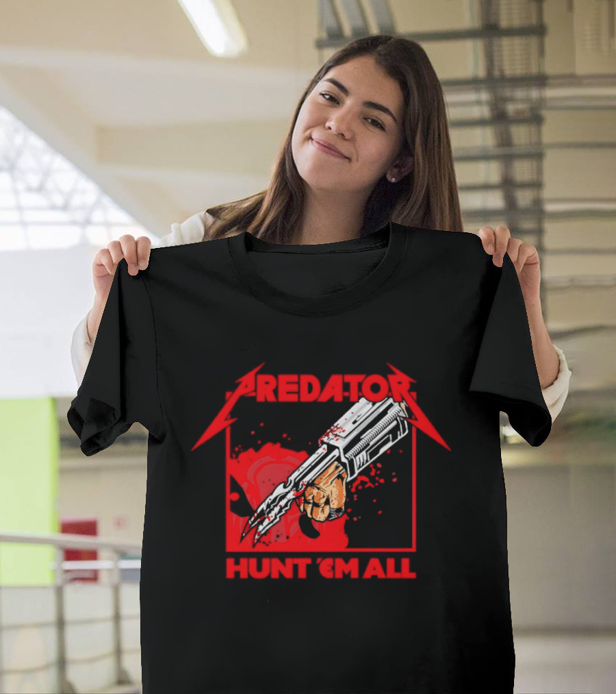 Hunt 'Em All With Iconic Predato Red Text And Weaponry T-Shirt