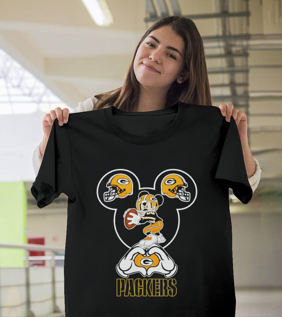 Packers Mickey Mouse Heart Hands Football Helmet T-Shirt