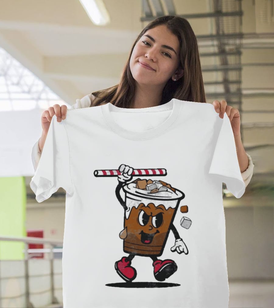 Reading Iced Coffees Cartoon Cup Character Fun T-Shirt