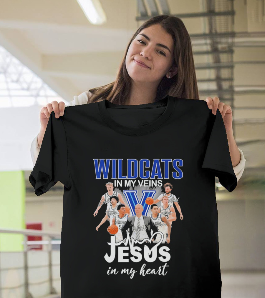 Wildcats In My Veins Jesus In My Heart Villanova Basketball Team Coach Kevin Willard T-Shirt