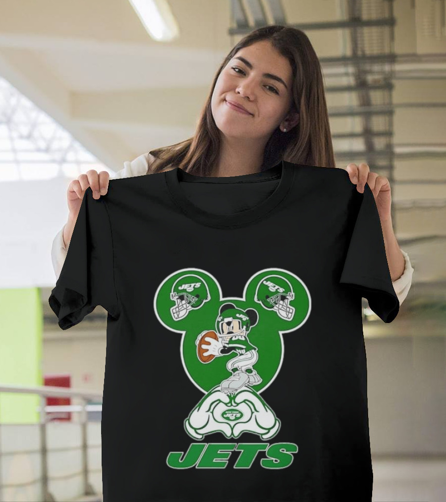 New York Jets Mickey Mouse Football Heart Hands T-Shirt