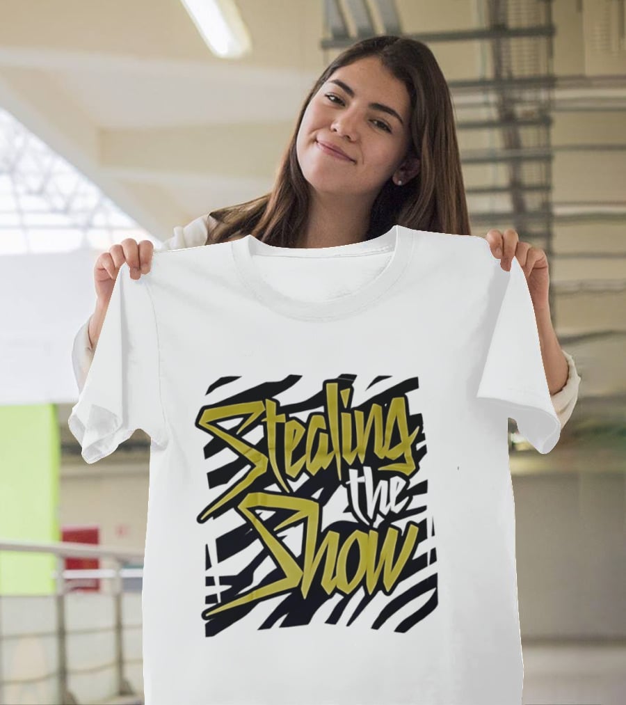 Stealing The Show Bold Graffiti Style Text On Striped T-Shirt