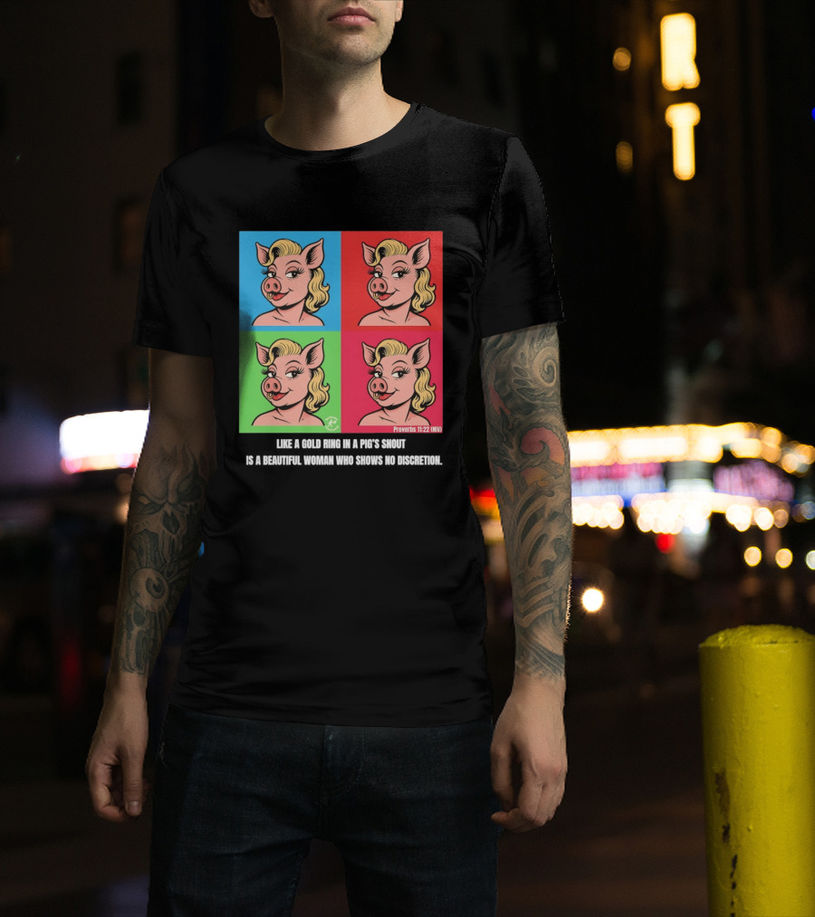 Proverbs 11:22 NIV Pig Pop Art Style Blonde Pig Panels T-Shirt