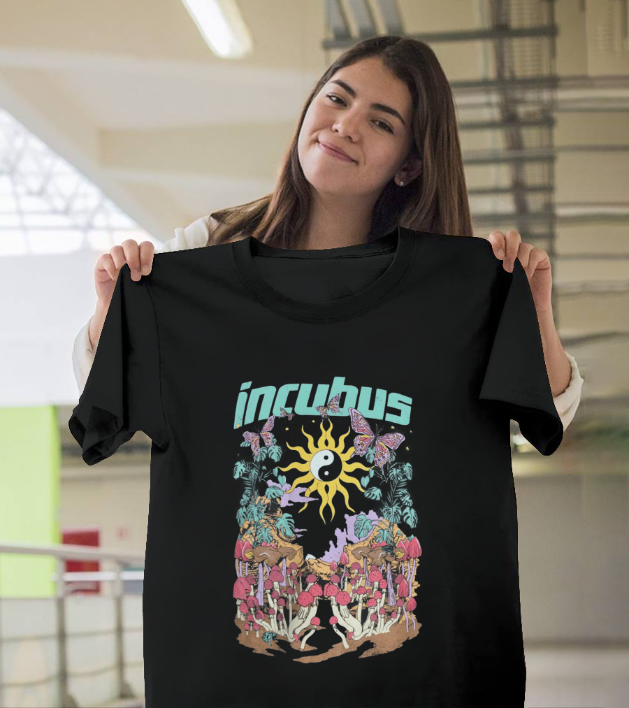 Incubus Yin Yang Sun With Mushrooms And Butterflies T-Shirt