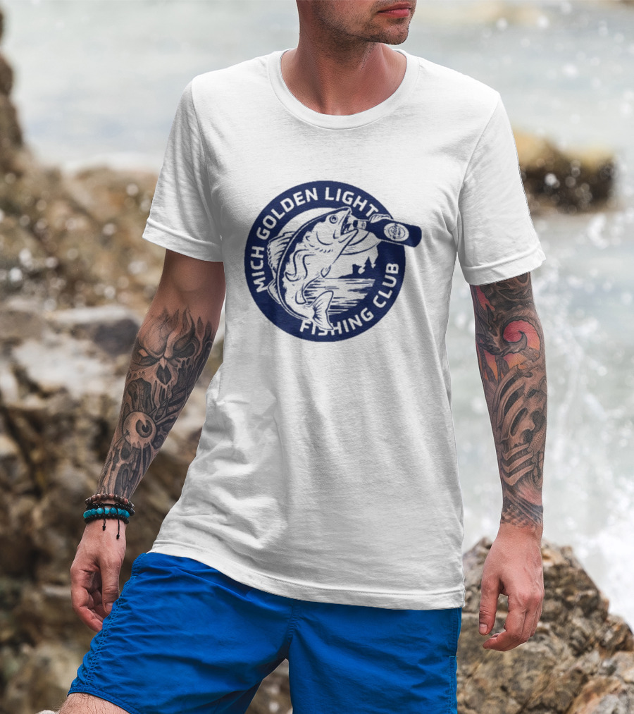 Mich Golden Light Fishing Club Logo With Fish And Bottle T-Shirt