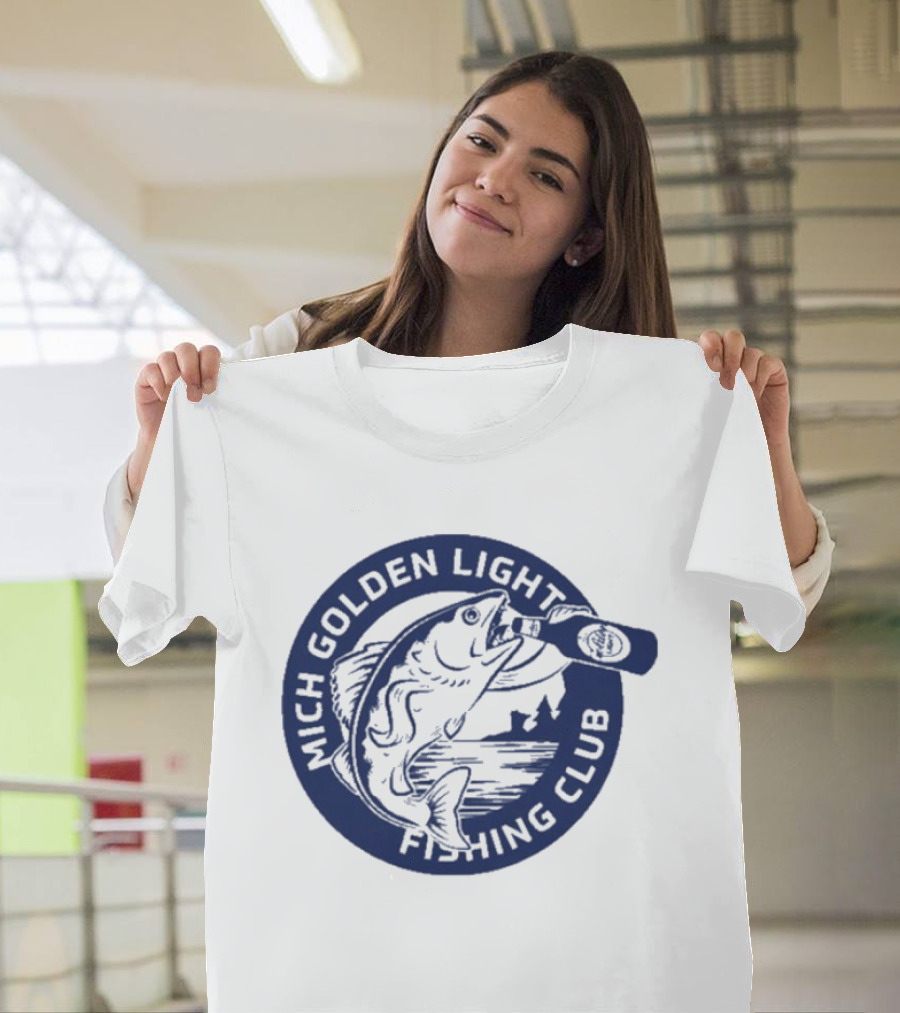 Mich Golden Light Fishing Club Logo With Fish And Bottle T-Shirt