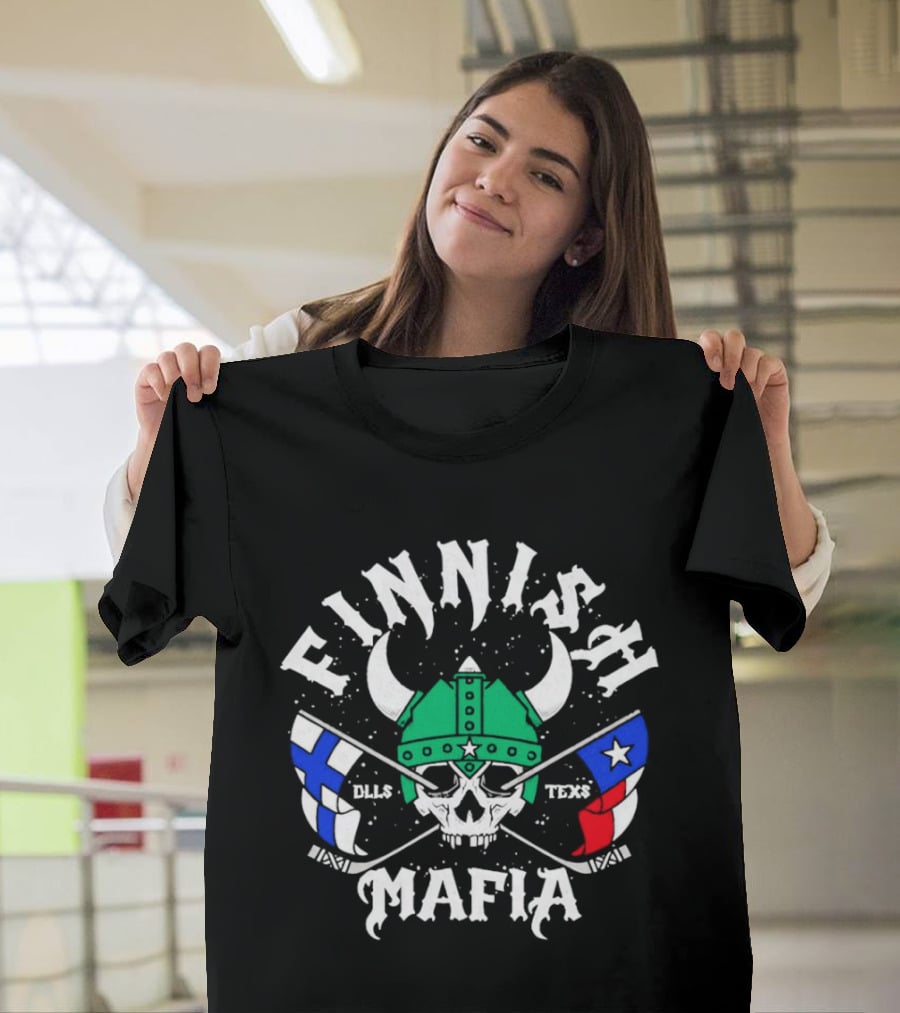 Finnish Mafia Skull Helm Crossed Sticks Finland Dallas Texas Flags T-Shirt