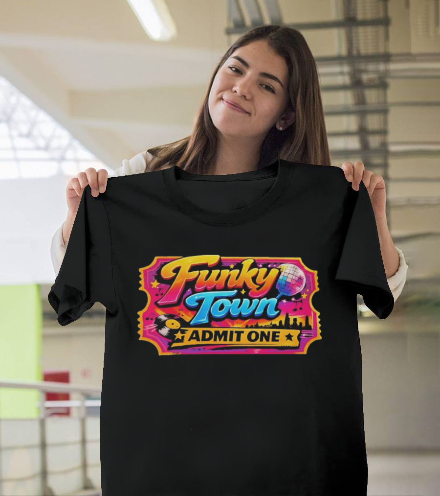 Funky Town Admit One Disco Ticket Skyline Vinyl Record T-Shirt
