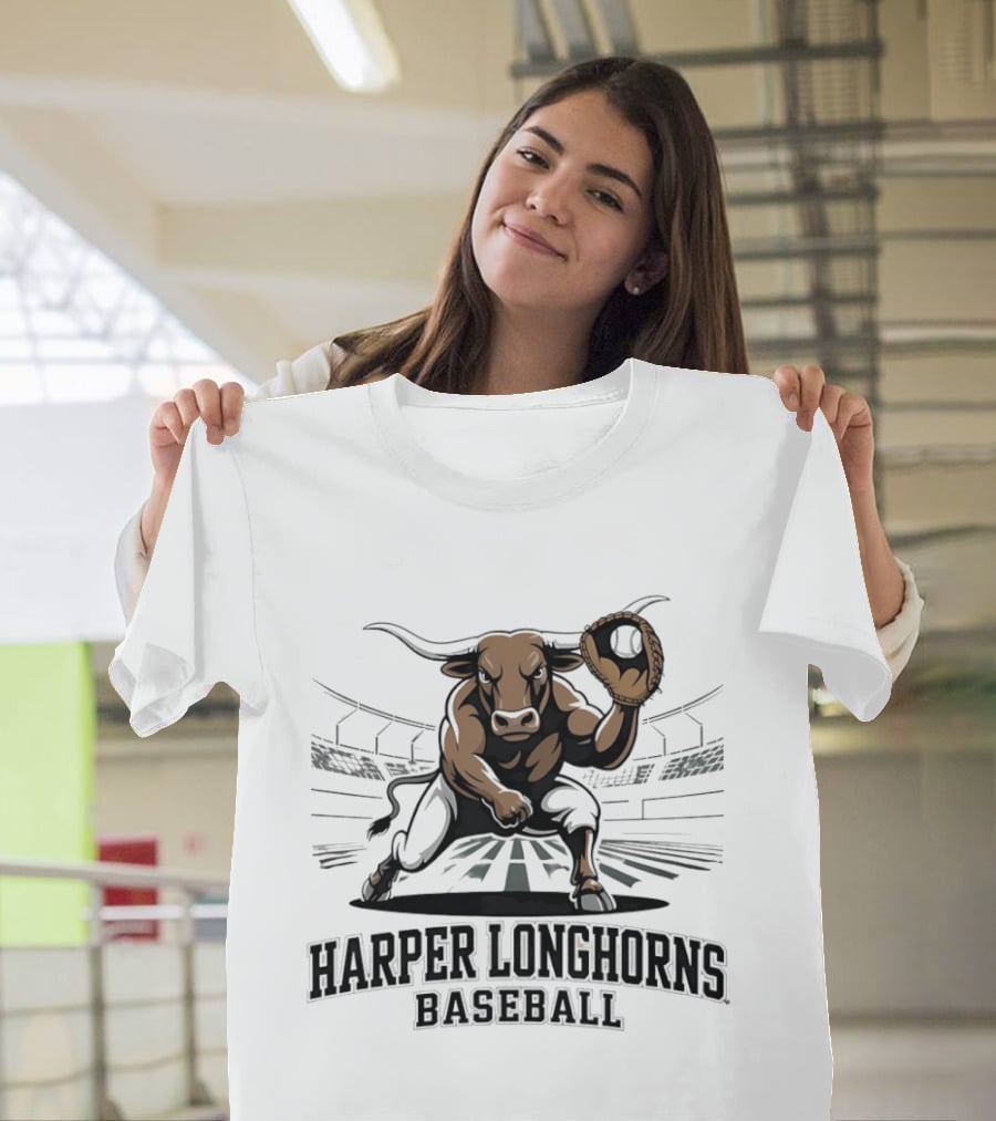 Harper Longhorns Baseball Fierce Bull Mascot Stadium Scene T-Shirt