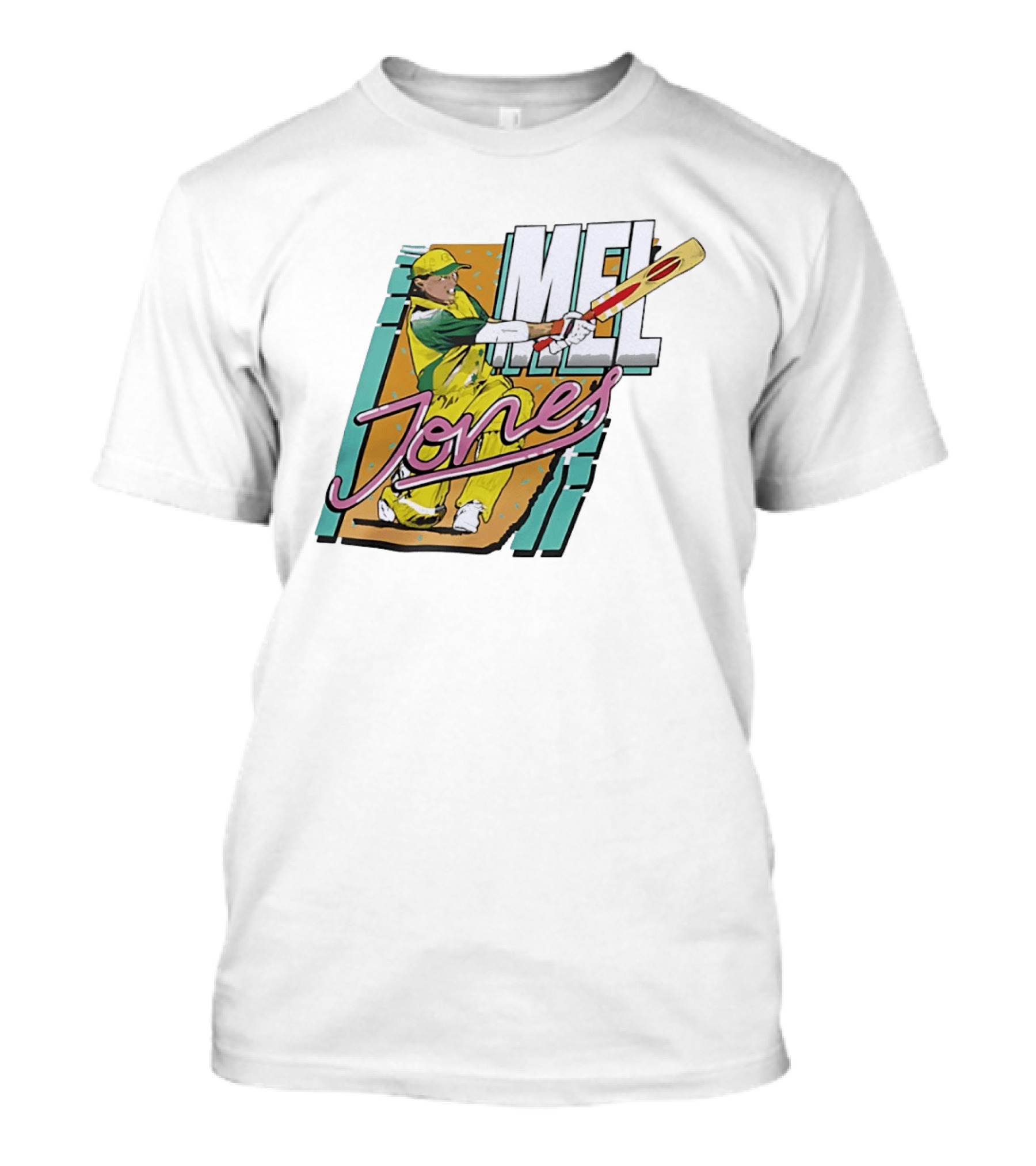 Mel Jones Cricket Caricature Batting Legend In Green And Gold T-Shirt