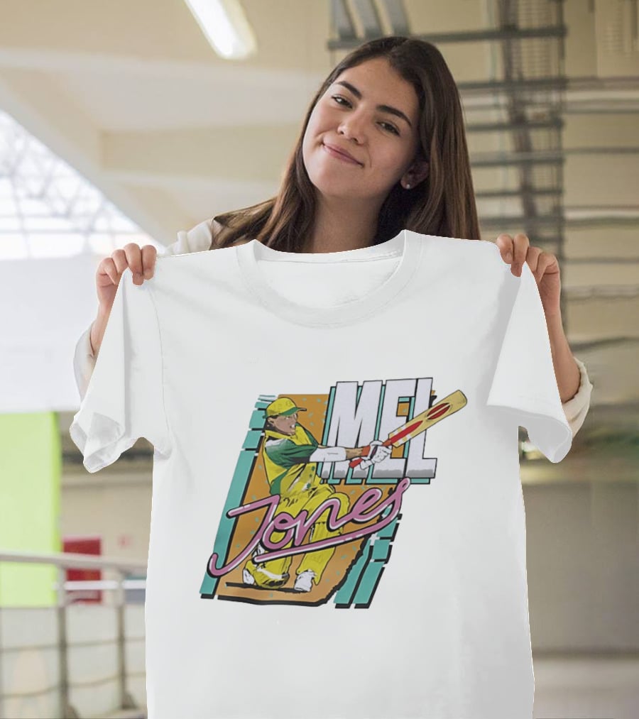Mel Jones Cricket Caricature Batting Legend In Green And Gold T-Shirt
