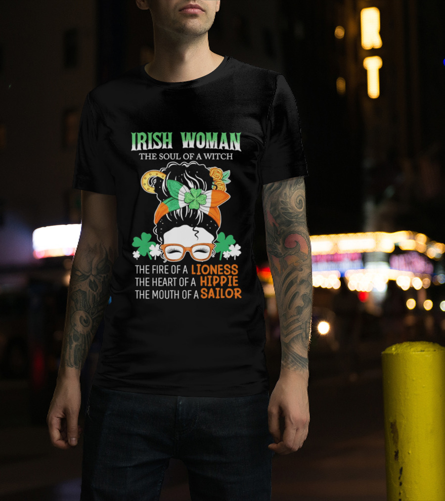 Irish Woman The Soul Of A Witch The Fire Of A Lioness The Heart Of A Hippie The Mouth Of A Sailor Shamrock Glasses Bandana T-Shirt