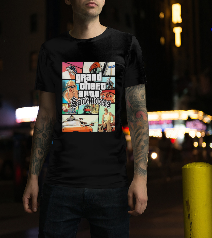 Grand Theft Auto San Andreas Art Collage Characters Scenes T-Shirt
