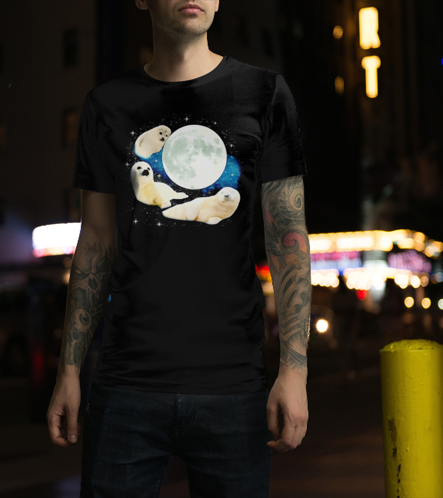 Adorable Seals Playfully Resting Under A Radiant Full Moonlit Sky With Cosmic Backdrop T-Shirt