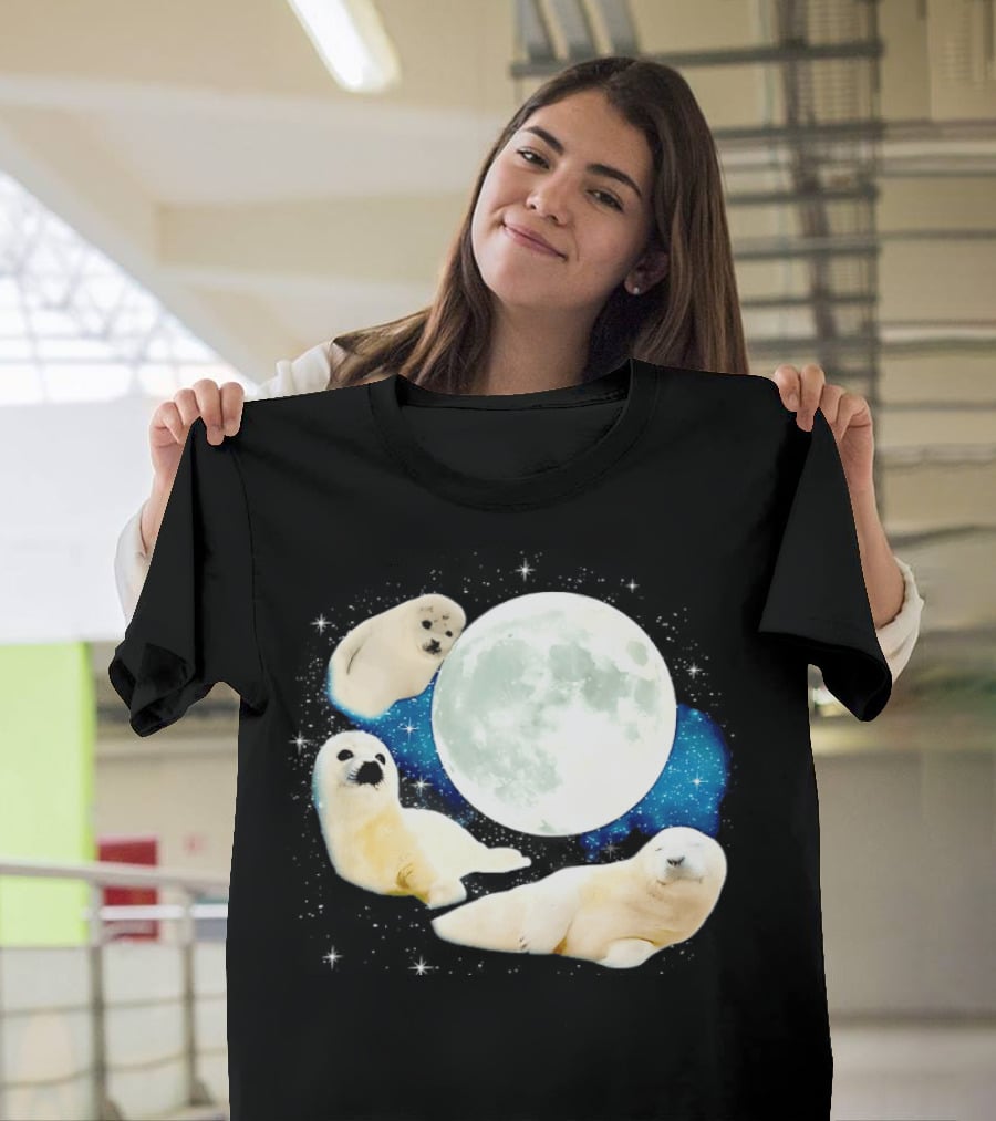 Adorable Seals Playfully Resting Under A Radiant Full Moonlit Sky With Cosmic Backdrop T-Shirt