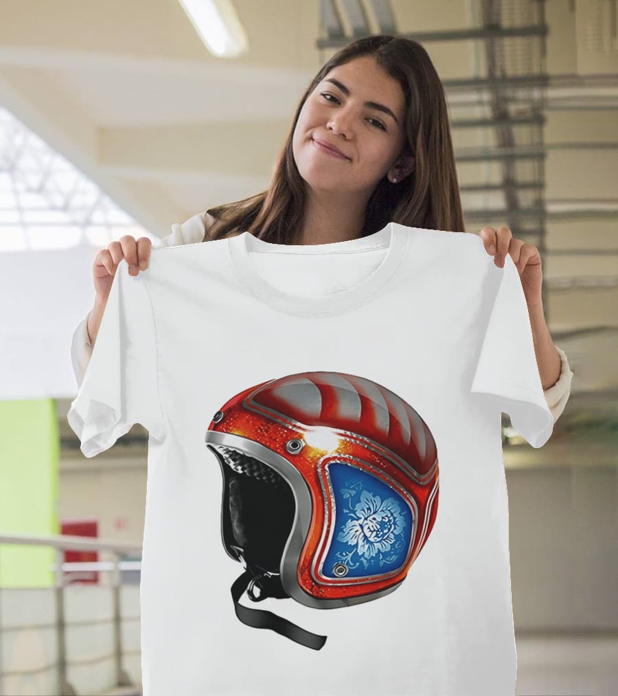 Blue Bloom Racer Helmet Red White Stripes Floral Blossom T-Shirt