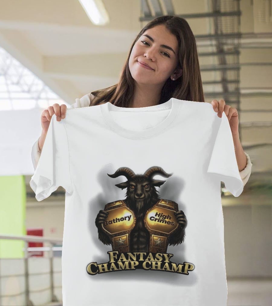 Bathory High Crimes Fantasy Champ Champ Goat Creature Holding Belts T-Shirt