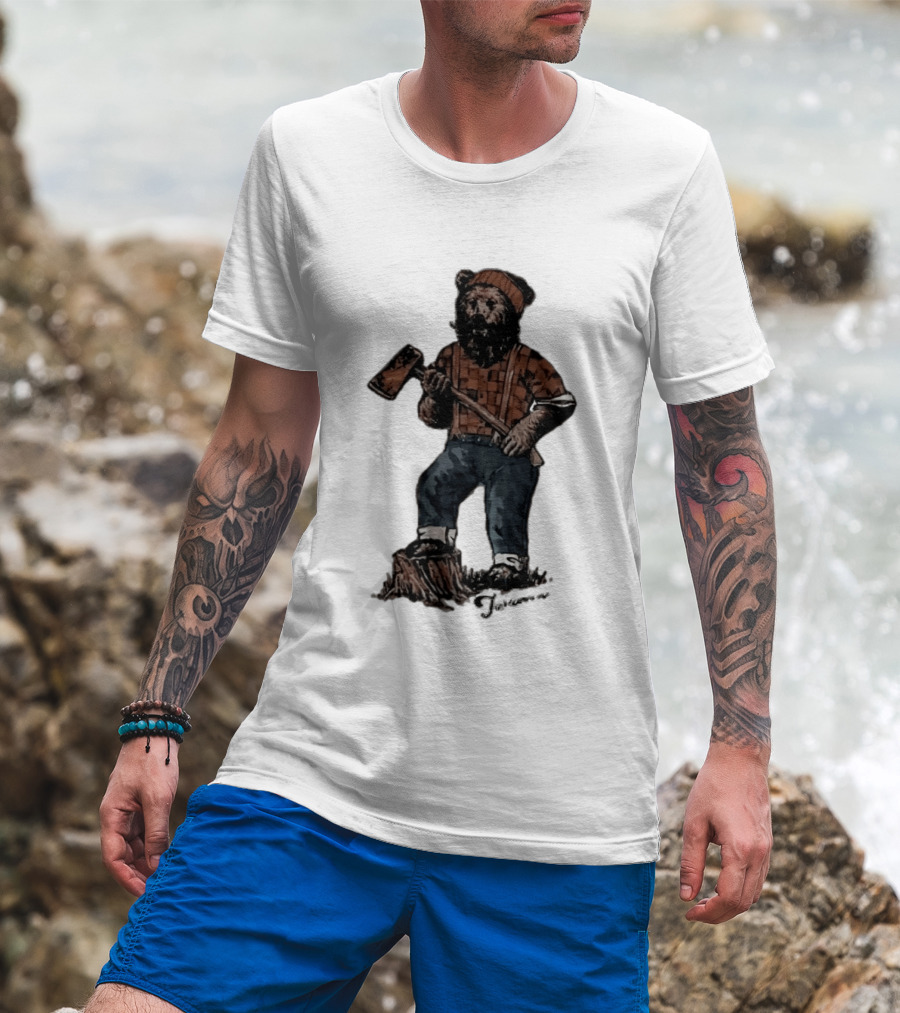 Lumberjack Bear Holding Axe Plaid Denim Jeans Beanie T-Shirt