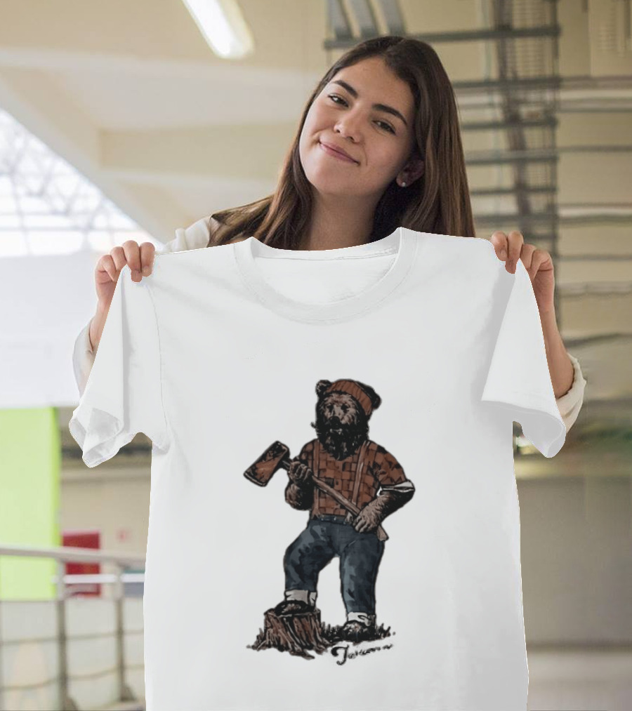 Lumberjack Bear Holding Axe Plaid Denim Jeans Beanie T-Shirt