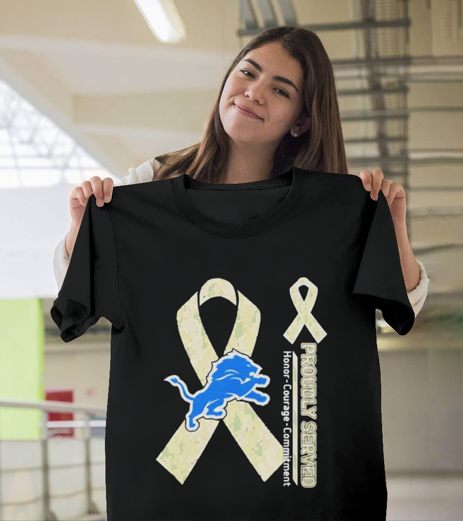 Detroit Lions Camo Ribbon Proudly Served Honor Courage Commitment T-Shirt