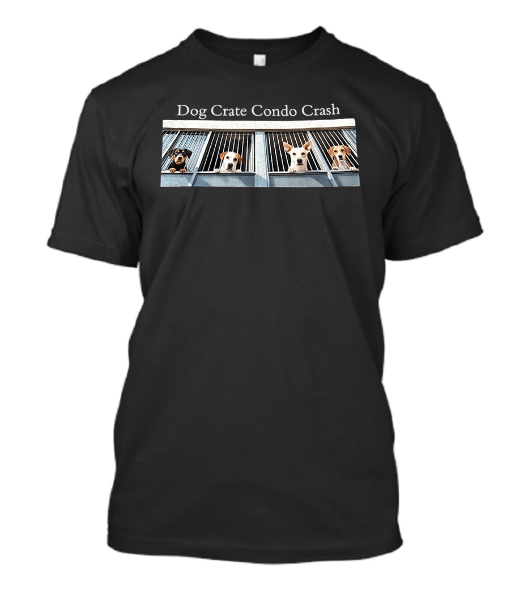 Dog Crate Condo Crash Four Dogs Behind Bars T-Shirt