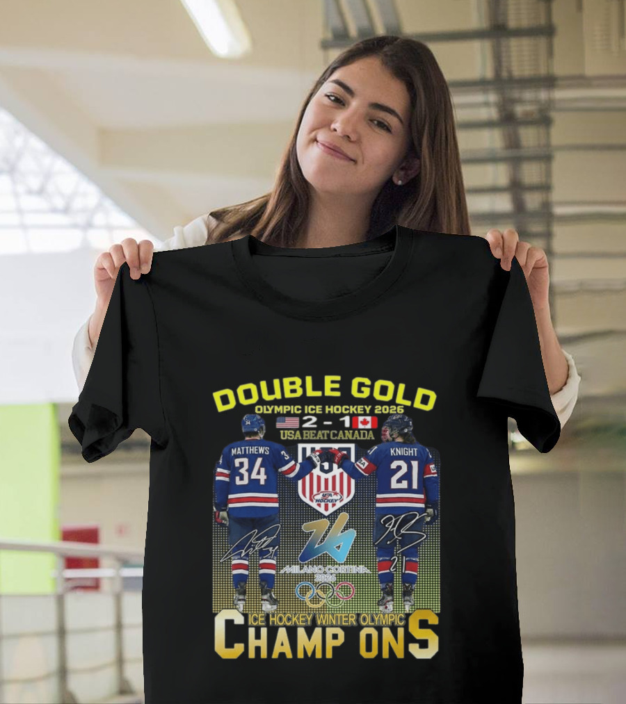 Double Gold Ice Hockey Winter Olympic Champions USA 2 1 Canada Matthews Knight 2026 Milano Cortina T-Shirt