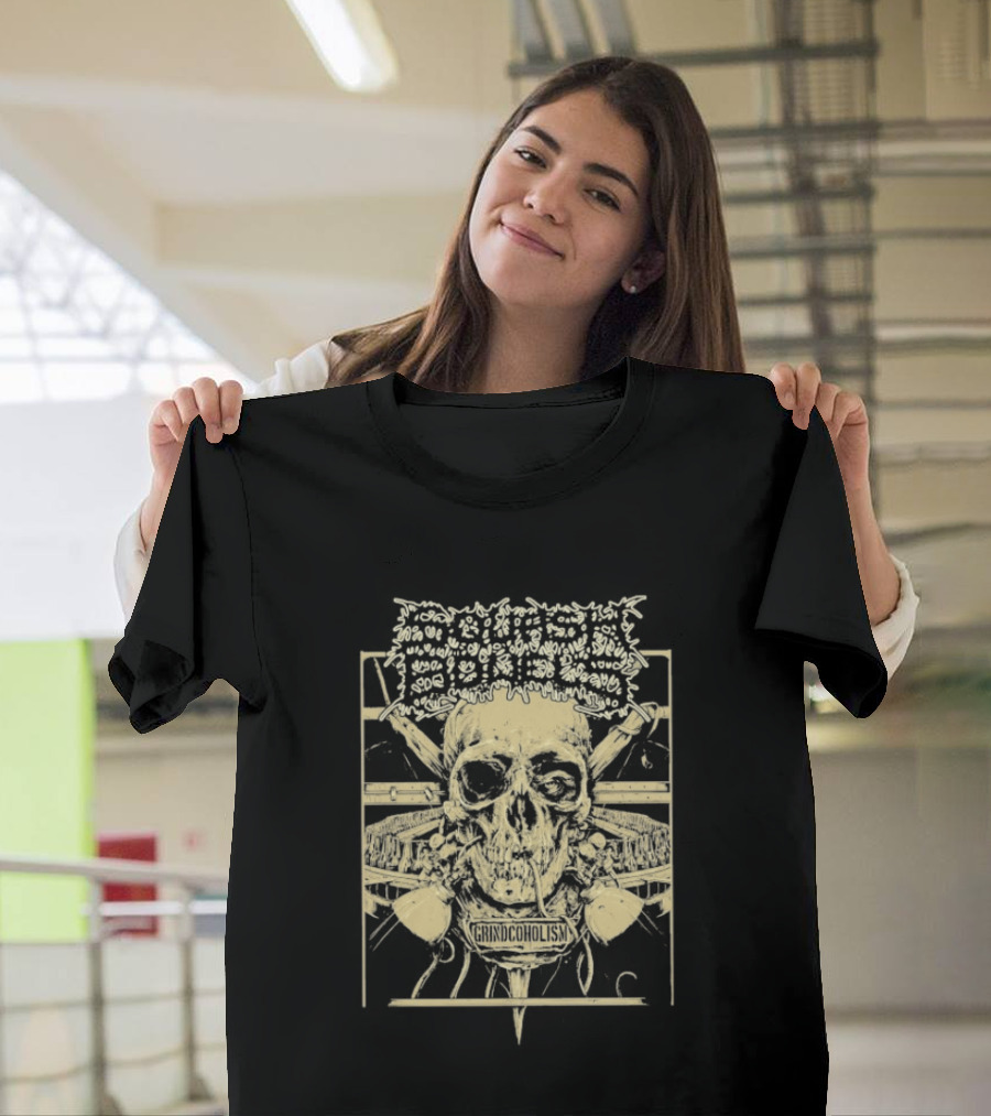 Squash Bowels Grindcoholism Skull With Crossbones And Spine T-Shirt