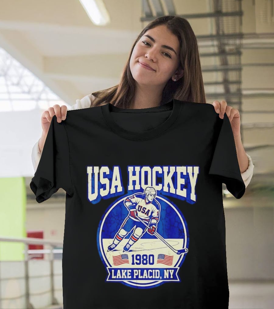 USA Hockey 1980 Lake Placid NY American Flag Ice Skater T-Shirt