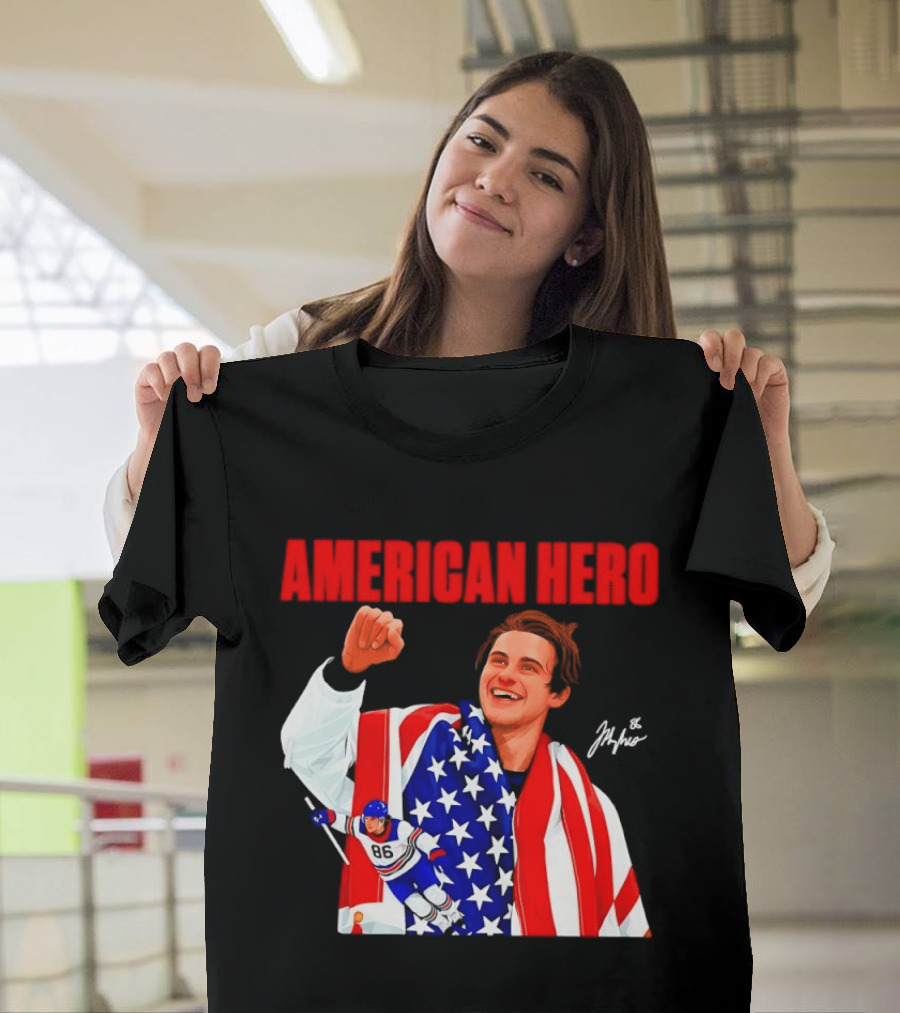 American Hero Jack Hughes USA Flag Hockey T-Shirt