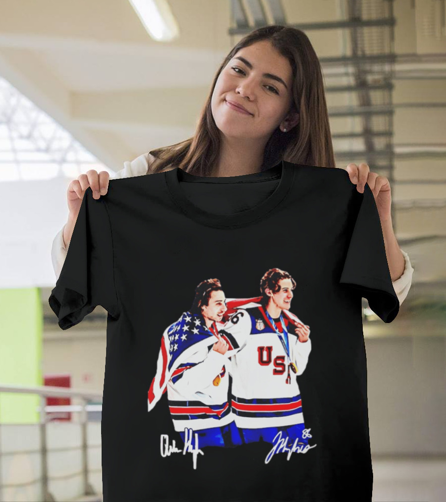 USA Hockey Golden Jack Hughes Jack Quinn American Flag Celebration T-Shirt