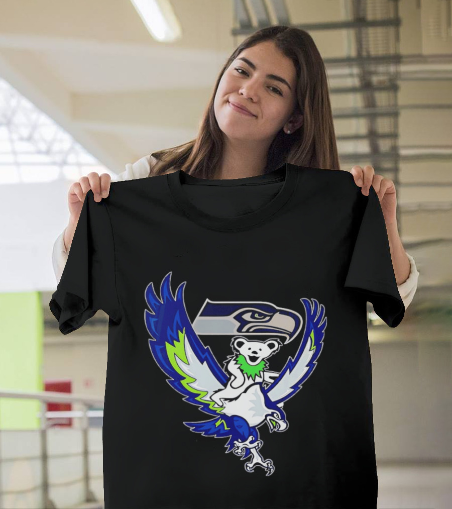 Seattle Seahawks Grateful Dead Bear Riding Seahawk Wings T-Shirt