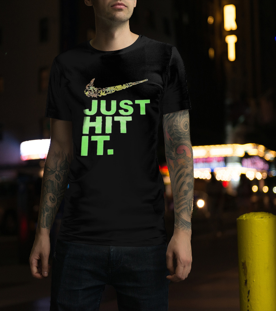 Just Hit It Classic Swoosh Flaming Bat Baseball T-Shirt