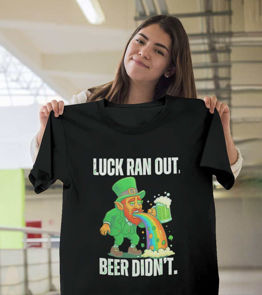Leprechaun Drinking Beer Vomiting Rainbow Luck Ran Out St. Patrick's Day T-Shirt