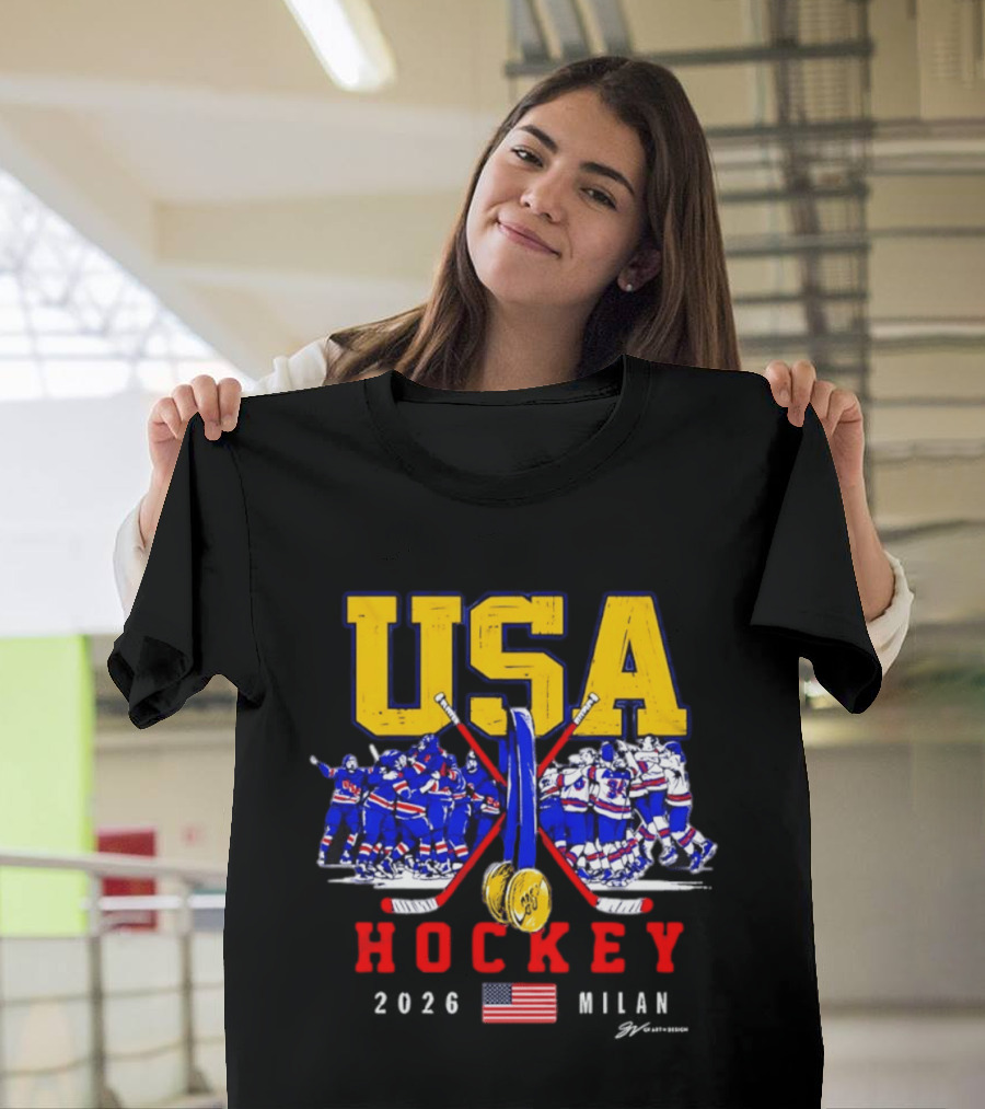 USA Hockey Team 2026 Gold Medal Milan Olympics Celebration USA Flag T-Shirt