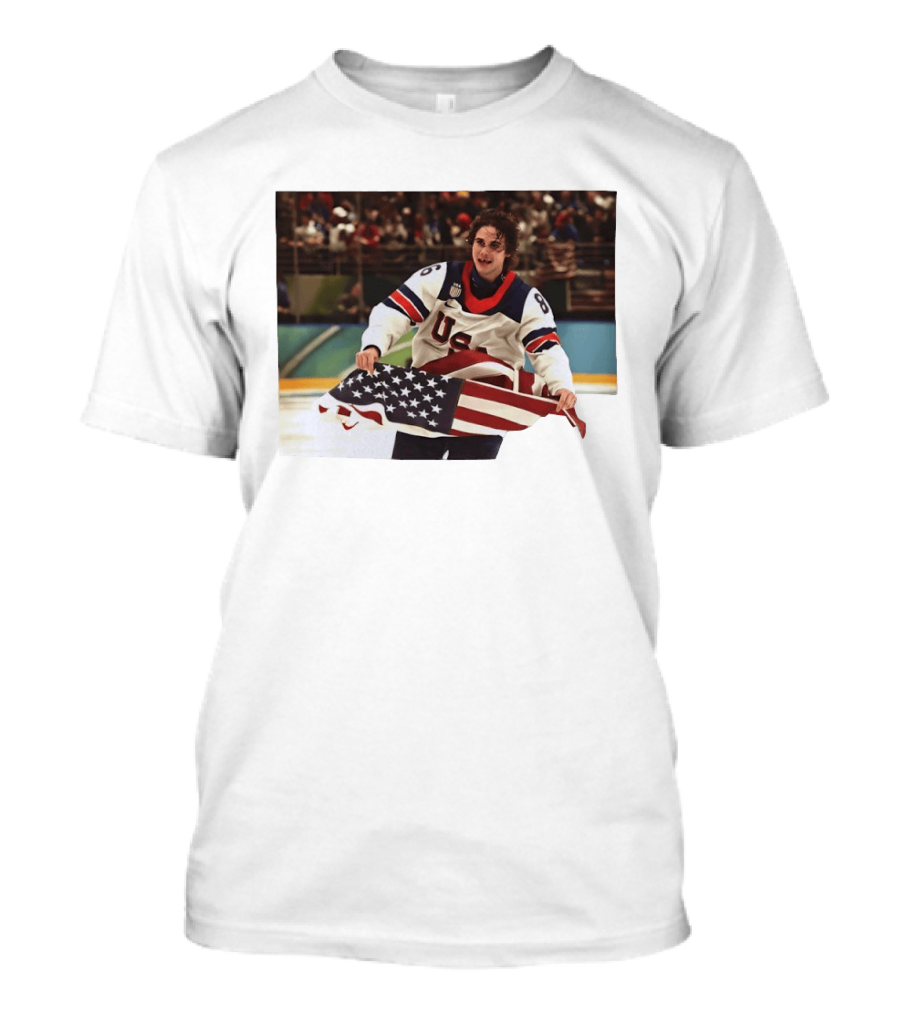 USA Hockey Jack Hughes American Flag Celebration T-Shirt
