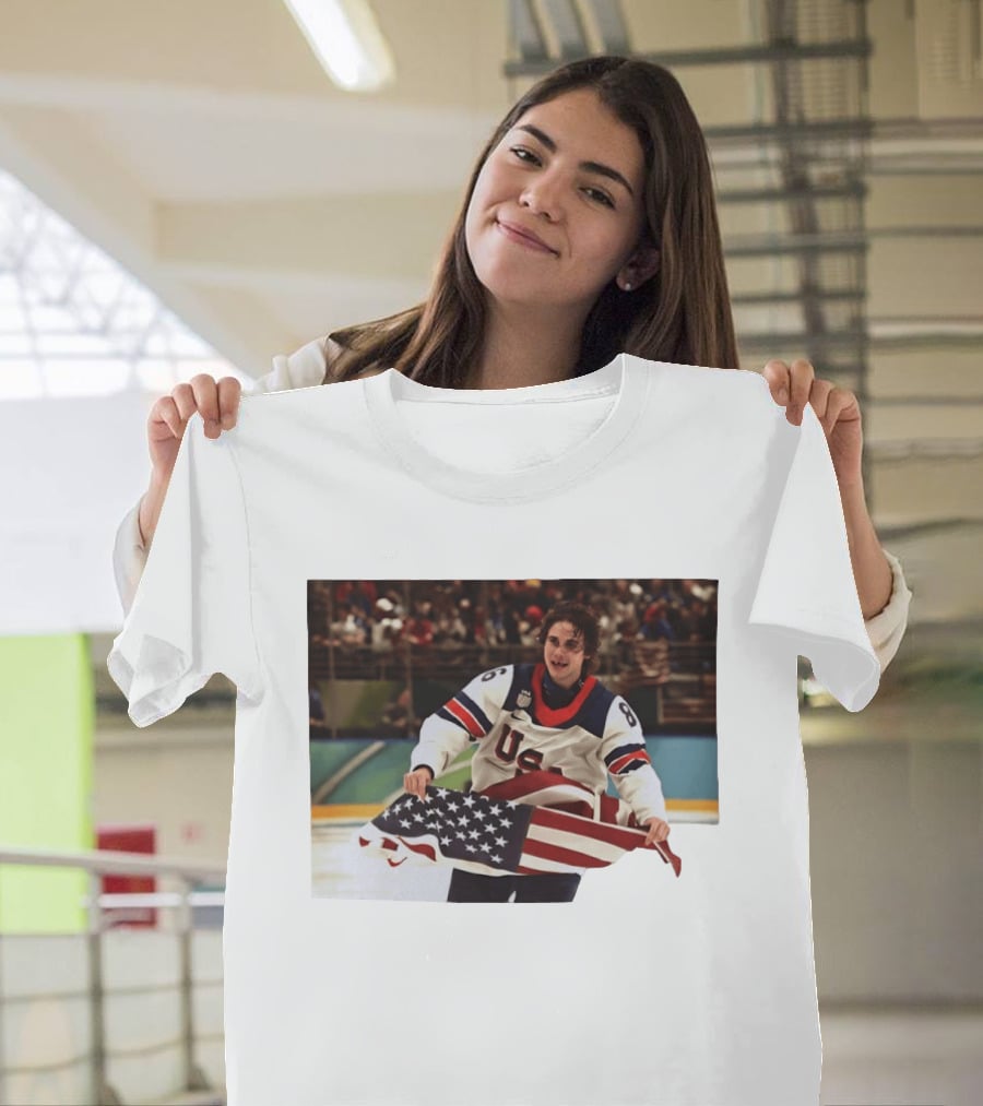 USA Hockey Jack Hughes American Flag Celebration T-Shirt