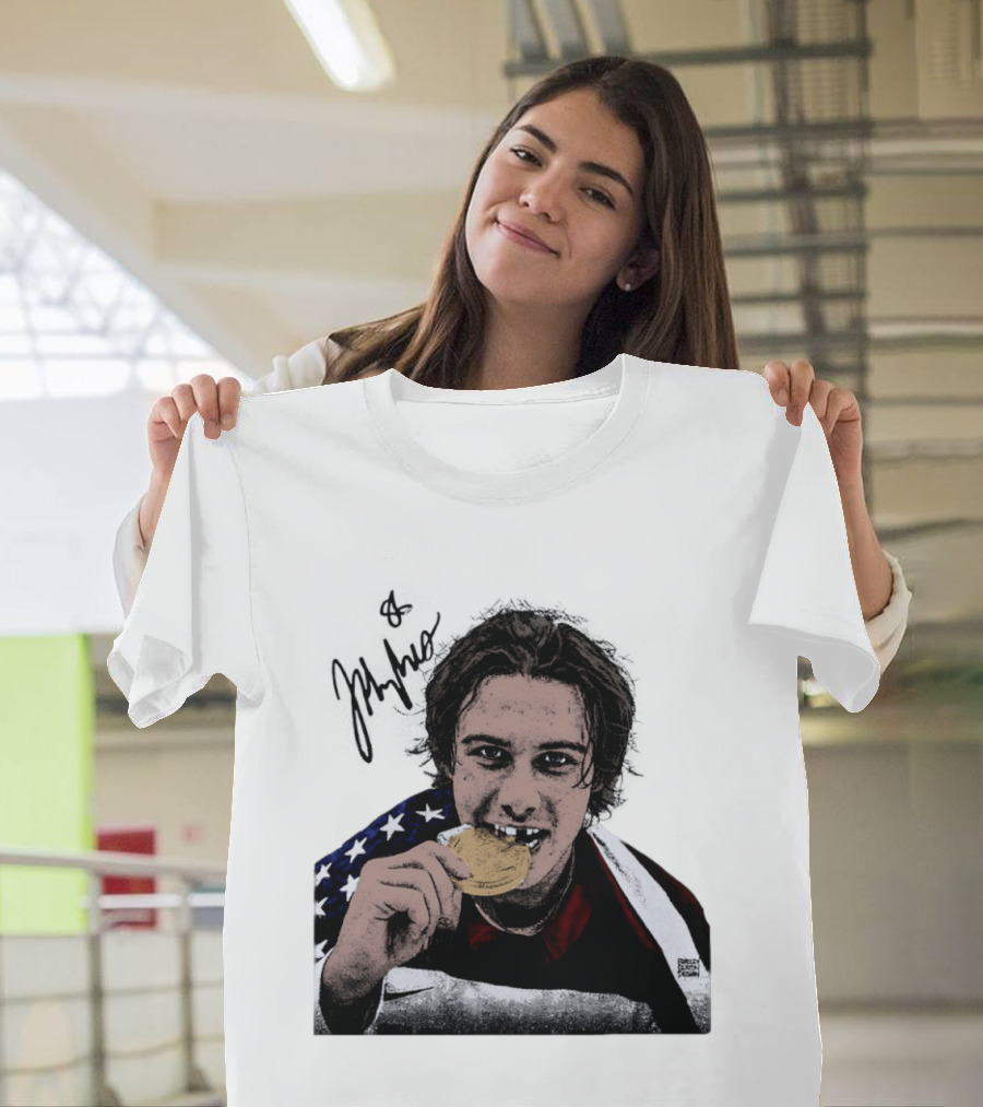 USA Hockey Jack Hughes Gold Medal Bite American Flag T-Shirt