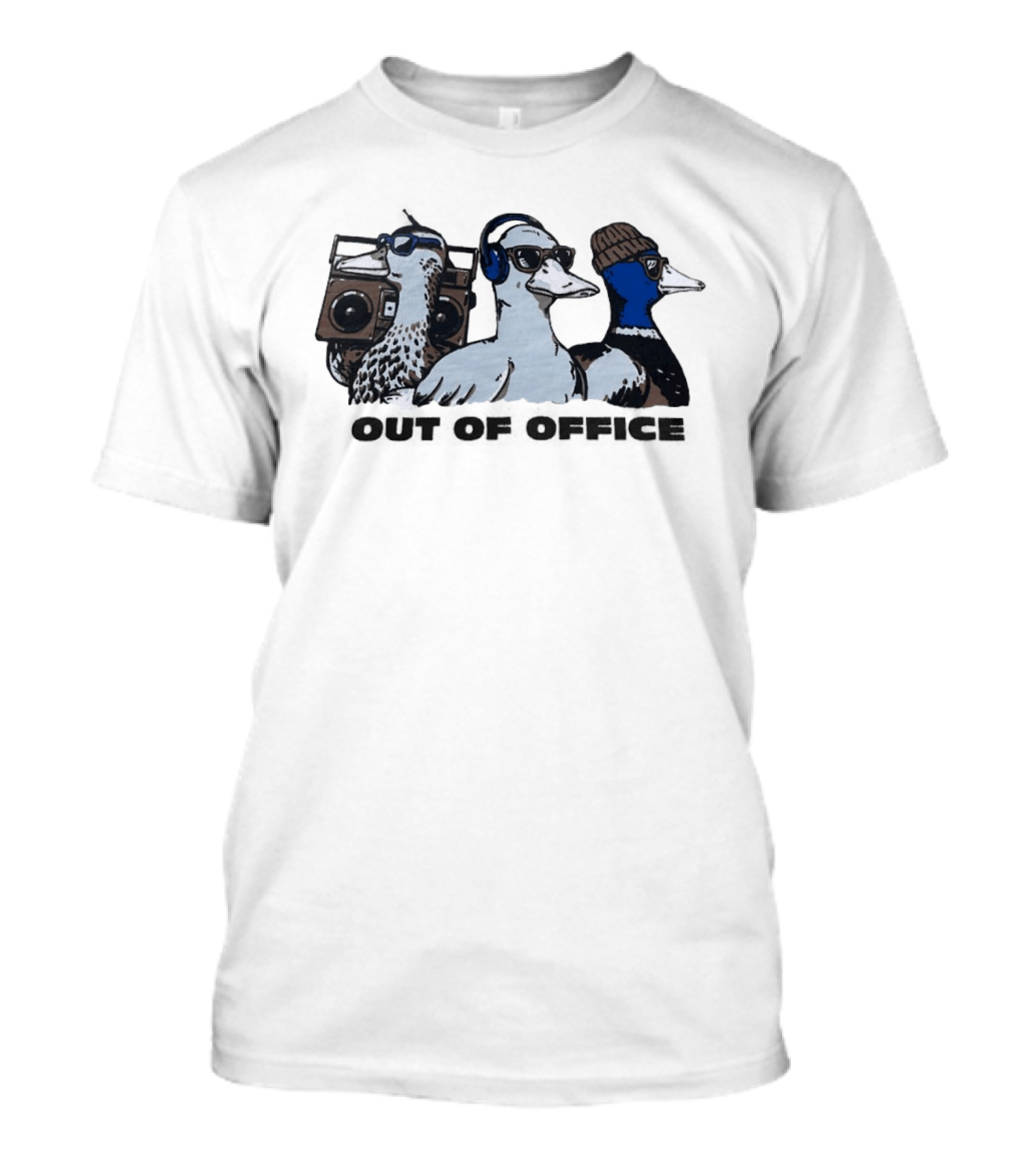 Out Of Office Ducks With Boom Box Headphones Beanie Sunglasses T-Shirt