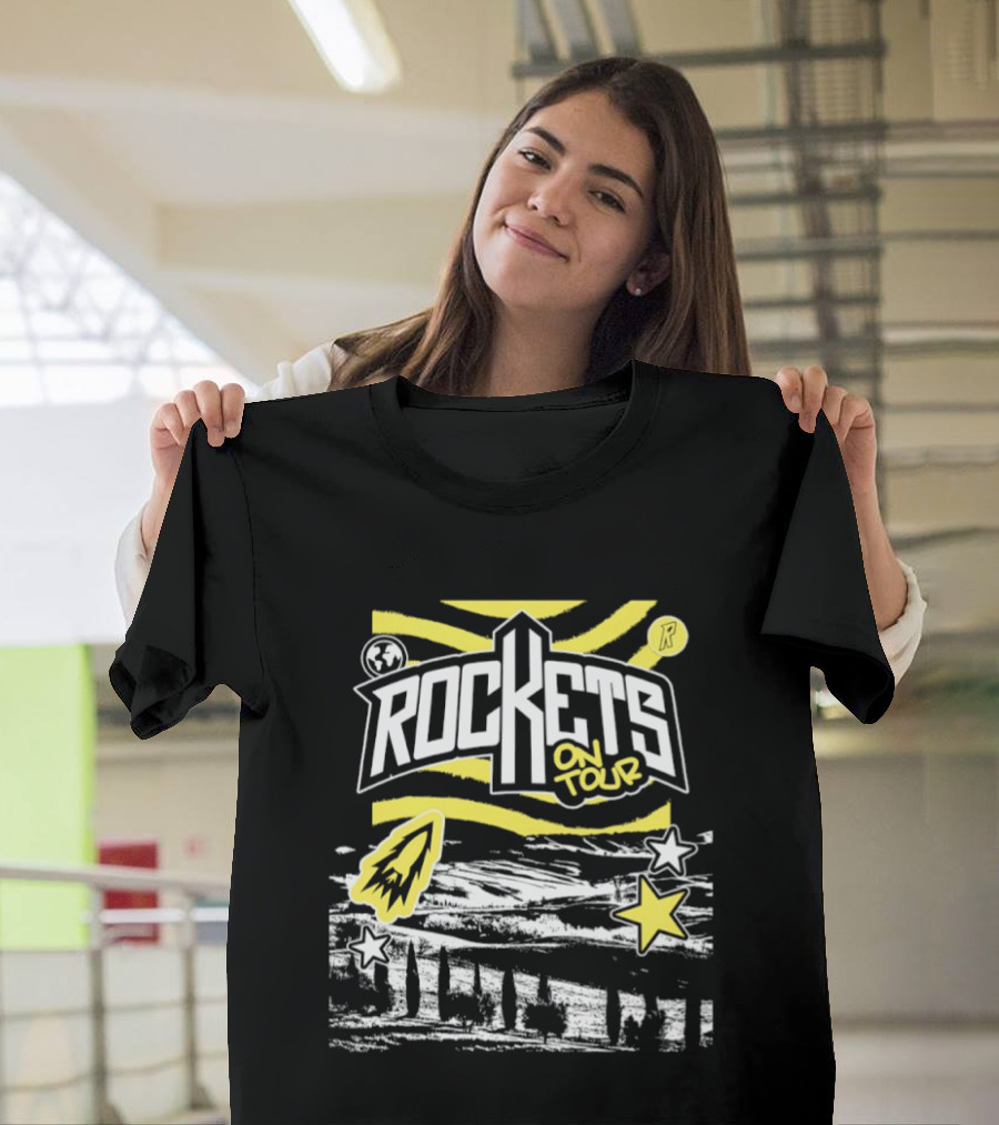 Rockets On Tour Yellow Stars Rocketship Waves Planet T-Shirt