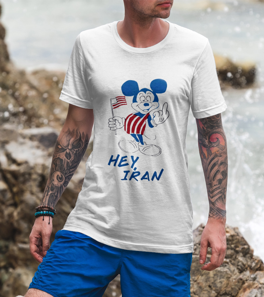 Mickey Mouse Hey Iran Middle Finger USA Flag T-Shirt