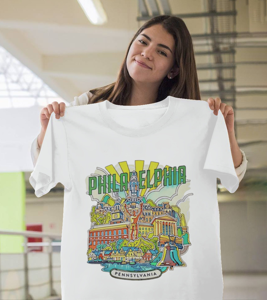 Philadelphia Pennsylvania Skyline Landmark Icons Liberty Bell Art Deco T-Shirt