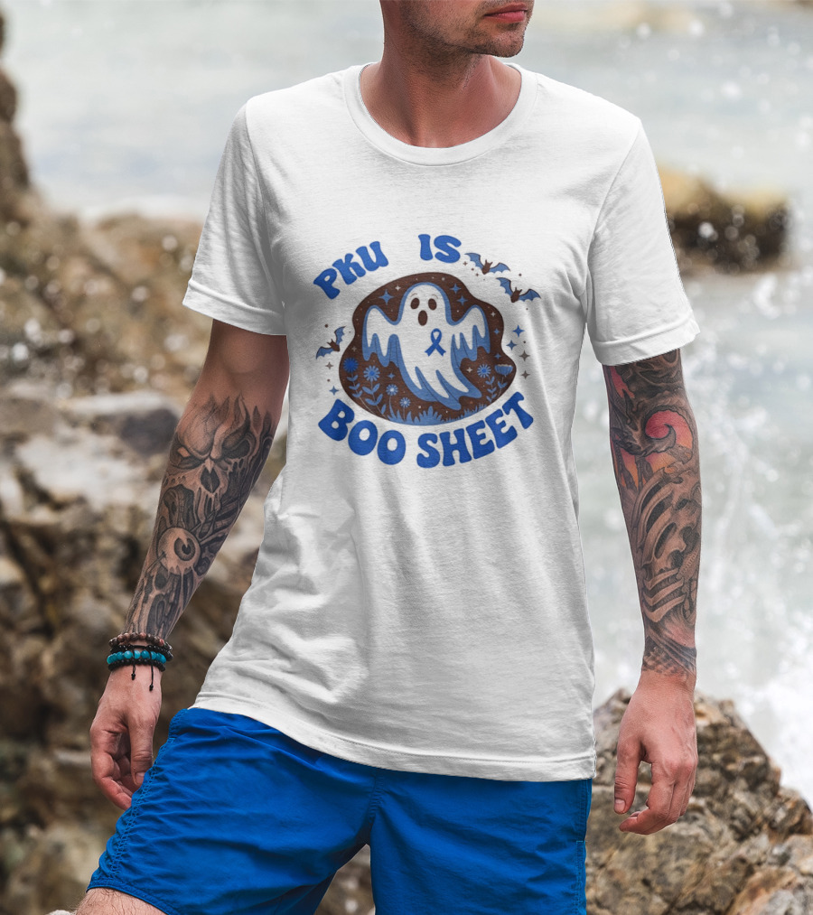 PKU Is Boo Sheet Blue Ribbon Ghost And Bat Halloween T-Shirt
